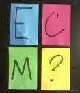 Photograph of four pieces of colored paper, each with a letter or symbol: E C M ?
