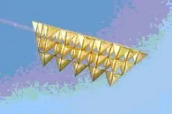 Photo shows a tetrahedral kite, three rows of triangular pieces shaped into joined pyramid-shapes.