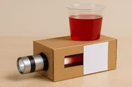 A photo of a simple student-built diagnostic device made from a small rectangular cardboard box. A flashlight is inserted into one end of the box, aimed through a cut-out section. There is a cup with red solution that sits within the device.