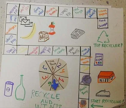 Photo shows a game board with a path of squares and a spinner to determine the number of moves.