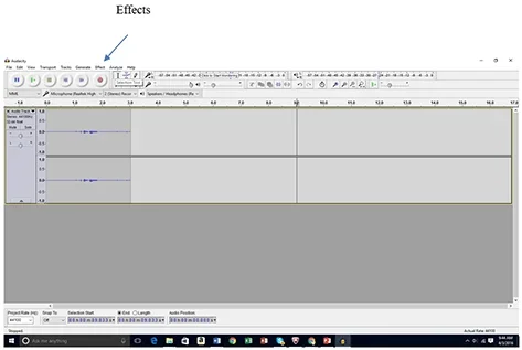 A screenshot shows a gray window with a band of icons and buttons across the top. An arrow points to “Effects” on the top of the Audacity software menu bar.