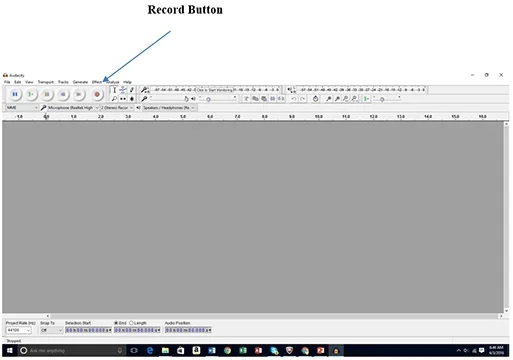 A screenshot shows a gray window with a band of icons and buttons across the top. An arrow points to a red “Record” button on the Audacity software menu bar.