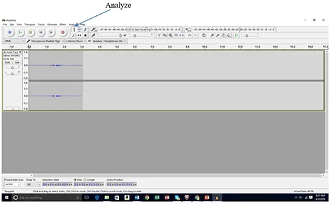 A screenshot shows a gray window with a band of icons and buttons across the top. An arrow points to the “Analyze” option on the Audacity software menu bar.