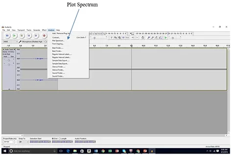 A screenshot shows a gray window with a band of icons and buttons across the top. An arrow points to “Plot Spectrum” on the Audacity software “Analyze” menu bar.