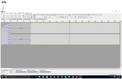 A screenshot shows a gray window with a band of icons and buttons across the top. An arrow points to “File” on the far top left of the Audacity software menu bar.