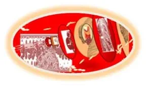 An oval diagram in the shape of a blood drop illustrates that blood is composed of many substances; a longitudinal cross section of a blood vessel inside the oval signifies that blood is especially suitable to flow through blood vessels. The blood vessel cross-section exhibits a plug-in formation by the platelets to repair the vascular injury. The diagram also depicts the development stages of blood research and how a deep knowledge about blood phenomena evolved.
