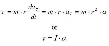 Equation of torque for a particle of constant mass in a circular movement: torque = m times r and the derivative of tangential velocity with respect to time, which = m times r and tangential acceleration, which = m times r-squared and the angular acceleration. Or, torque = the inertia multiplied by angular acceleration.