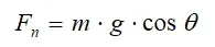 The normal force equation: Normal force = the product of m, g, and cos(θ).