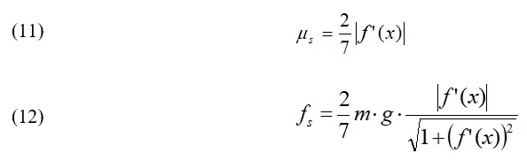Equations 11 and 12: The coefficient of static friction and the static friction force for a rolling sphere of mass m: the coefficient of static friction = 2/7 times the absolute value of f’(x); the static friction force = 2/7 m times g times the absolute values of f’(x) divided by the square root of 1 plus (f’(s))-squared.