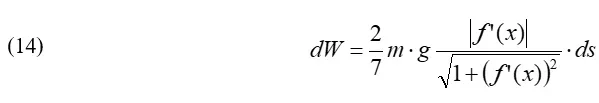 Equation 14: Differential displacements along a path: dW = 2/7 m times g times the absolute value of f’(x) divided by the square root of 1 plus (f’(x))-squared times ds.