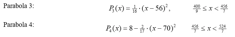 The next two branches of the roller coaster path. For parabola 3: P-3 (x) = 1/16 times (x minus 56)-squared, for 400/9 ≤ x < 456/7. For parabola 4: P-4 (x) = 8 minus 2/17 times (x minus 70)-squared; for 456/7 ≤
x< 524/7.