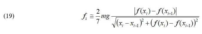 Equation 19, to estimate the friction force: static friction force = 2/7 m times g times the absolute value of (f (initial x) minus f (initial-1 x)) divided by the square root of (initial x – initial-1 x) plus (f (initial x) minus (f (initial -1 x))-squared.