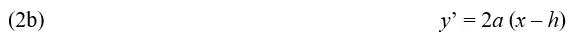 Equation 2b, the derivative of the vertex form equation: y’ = 2a times (x minus h).