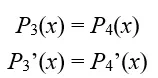 The tangency condition for parabola 3 and parabola 4: P-3 (x) = P-4 (x); P-3’ (x) = P-4’ (x).