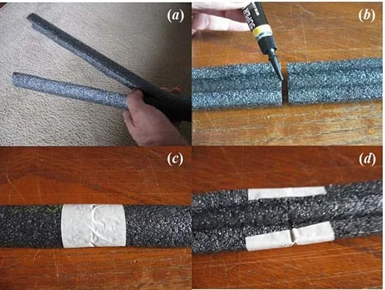 A sequence of four photographs shows the steps to cut and join together lengthwise the pipe insulation to create long coaster rails.