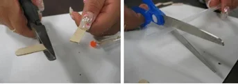 Side-by-side photos of a wooden stick being cut with wire cutters on the left, and a plastic straw being cut with scissors on the right, both part of the model-building process.
