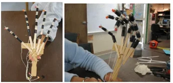Side-by-side images of the completed mechanical hand being articulated by manual string control, with the hand being held upright on the left and shown articulating on the right.