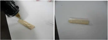Side-by-side photos of hot glue being applied to a wooden stick on the left, and a straw segment glued on top of the stick to create a flexible finger joint structure on the right.