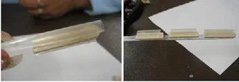 Side-by-side photos of a straw segment mounted on a wood stick on the left, and three such assemblies aligned along a longer straw to simulate multiple joints on the right.