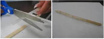 Side-by-side photos of the final trimming of straw pieces with scissors on the left, and the completed finger model with three straw joints affixed to a popsicle stick on the right.
