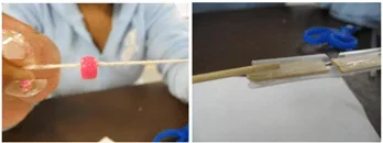 Side-by-side photos of a red bead strung onto a piece of string on the left, and a wooden skewer inserted through the inner alignment of the straw-joint finger segments to provide structure on the right.