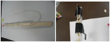 Side-by-side photos with a fully assembled finger mechanism with three joints and a string loop extending from both ends on the left, and electrical tape securing joints around a completed finger structure on the right.