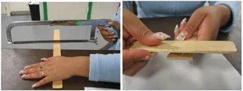 Side-by-side photos of a person cutting a thick wooden stick using a small hand saw on the left, and the sawn piece being glued perpendicularly to the base to support the full hand model on the right.