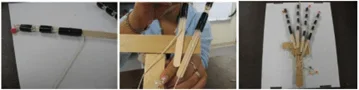 Side-by-side photos of a finished finger with pull-string attached on the left, fingers being affixed to a popsicle stick palm in the middle, and five completed fingers attached to a flat board, forming a full hand prototype, on the right.