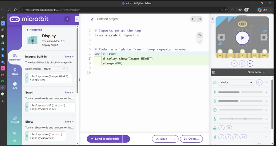 A screenshot of the micro:bit MakeCode Python programming environment. The left panel displays reference information about loops, including for loops, nested loops, and breaking out of loops. The center coding workspace contains Python code that repeatedly displays the heart icon on the micro:bit LED display, pauses, clears the display, and repeats the sequence. The right panel shows a simulated micro:bit with its LED display illuminated.