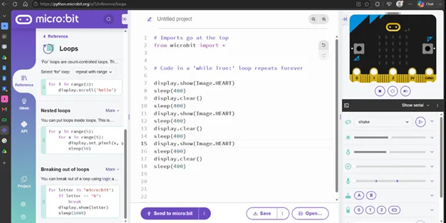 A screenshot of the micro:bit Python programming environment. The left panel displays reference information for the micro:bit LED display, including examples for displaying images and scrolling text. The center coding workspace shows a while True loop containing commands to display a heart image and pause for 400 milliseconds. The right panel shows the simulated micro:bit.