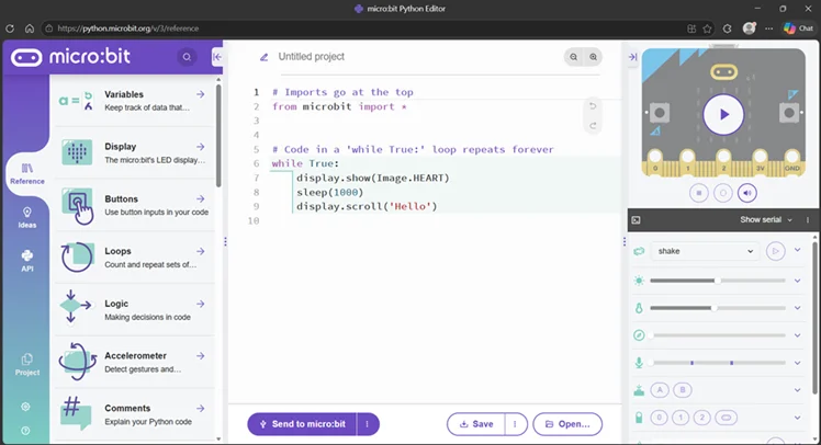 A screenshot of the micro:bit Python programming environment. The left panel displays reference categories including Variables, Display, Buttons, Loops, Logic, Accelerometer, and Comments. The center coding workspace shows a while True loop with commands to display a heart image, pause for 1,000 milliseconds, and scroll the text “Hello.” The right panel shows a simulated micro:bit.