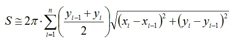 S = ~ 2*(pi) times the summation from i=1 to n of [((yi-1+yi)/2) times the square root of ((xi-xi-1)^2+(yi-yi-1)^2)].