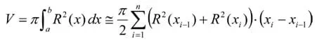 V = (pi) times the integral from a to b times R^2(x)dx is approximately equal to (pi/2) times the sum from i=1 to n of (R^2 (xi-1)+R^2(xi)) times (xi – xi-1)