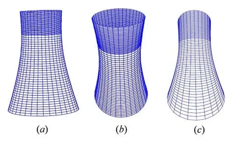 Three side-view line drawings of the same cooling tower show possible distortions of its real shape due to different perspectives (angle at which it is viewed) and distance. Drawing (a) shows the tower as seen from its vertical mid-point at some distance away; it has crisp corners and looks wide at the bottom and straighter at the top. Drawing (b) is from a higher angle so that part of the top inside lip can be seen, and the tower top and bottom look equally flared. Drawing (c) from a closer distance looks like it flares at only the bottom like (a), but has different dimensions as well as rounded and distorted corners all around.