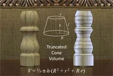 A photograph shows a side view of a wooden finial that looks somewhat like a salt shaker or chess piece. Next to it is a computer-generated image of the same object, now with horizontal lines added at locations where the shape’s profile (horizontal widths) changes, resulting in a stack of variously sized truncated cones. The total volume of this solid can be approximated by adding together the volumes of the truncated cones that compose it. Superimposed over the photo is a line drawing of a truncated cone (a cone with its nose/point cut off) with dashed lines indicating its height, length, top radius, r, and bottom radius, R, followed by a volume equation: V = 1/3*pi*h (R^2 + r^2 + Rr).