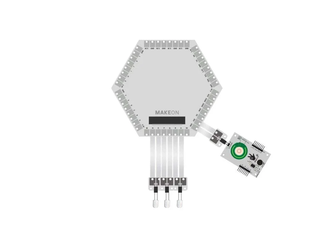 A figure showing a microcontroller connected to three individual LEDs and a sound board module.