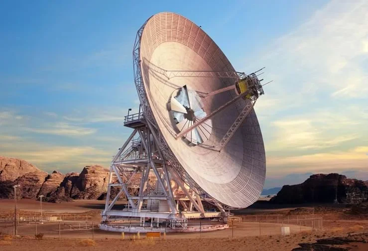 An artist's concept drawing showing what a new antenna dish, capable of supporting both radio wave and laser communications, will look like when completed at the Deep Space Network's Goldstone, California, complex.