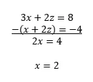 Solve a system of two equations for x: [3x+2z=8] – [(x+2z)=-4] = [2x=4].