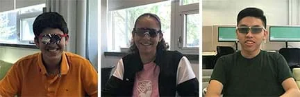 Three photographs show three teens wearing their own sunglasses designs.