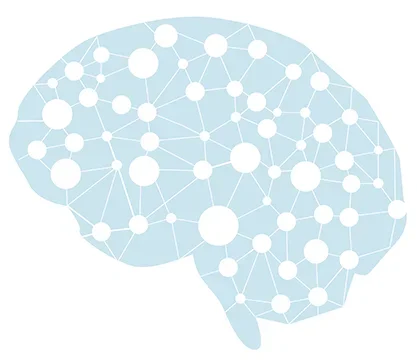 An illustrated outline of a brain with a web of circles connected with lines.