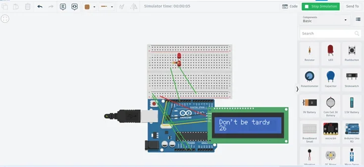 An image showing the simulation working and displaying the “Don’t be tardy” message with a countdown from 30.