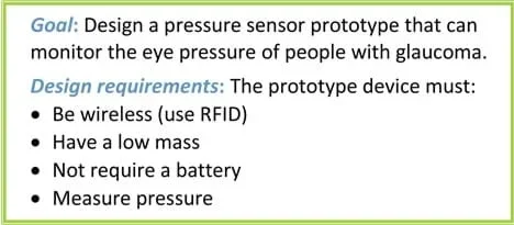 Goal: Design a pressure sensor prototype that can monitor the eye pressure of people with glaucoma. Design requirements: The prototype device must: be wireless (use RFID), have a low mass, not require a battery, measure pressure.