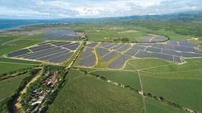An aerial photograph shows a solar panel farm that looks like bluish-black regions surrounded by green acreage.