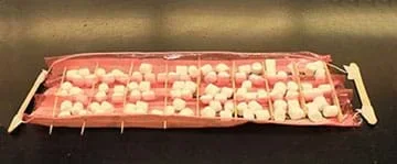 A photograph shows a hemoglobin protein model made by a student team. It looks like a tray made from paper, pink saran wrap, string, tape, wooden craft sticks and wooden cocktail sticks with three rows of eight square low-walled compartments (for a total of 28 compartments) that each hold four mini marshmallows. Two craft sticks at each end of the tray serve as handles.