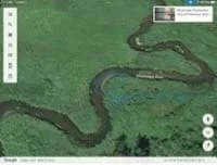Image of a river with a blue circle identifying the deposition/point bar on the river.