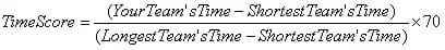The equation for calculating the time portion of the score with a maximum of 70 points.
