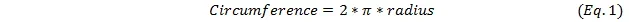 Equation 1: The circumference of a circle equals 2 times π times the radius of the circle.