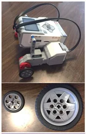 Two photographs: A finished LEGO MINDSTORMS EV3 robot with two larger-sized wheels installed. The two LEGO wheels used in this activity with 8.25 cm and 5.5 cm diameters.