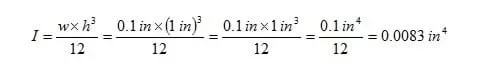 A ruler with a width of 0.1 inches and a height of 1 inch has an area moment of inertia equal to 0.0083 inches to the fourth power.