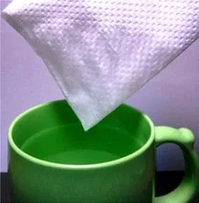A photograph shows a folded paper towel with one corner just pulled out of a mug of water. Water from one tip of the paper towel has absorbed upwards to moisten a big area.